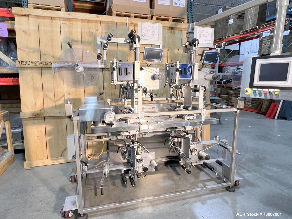 Used Accraply Model 350B-S Series Top and Bottom Labeling System. Capable of up to 120 products per minute depending on application. Special purpose labeling system developed specifically to apply to...