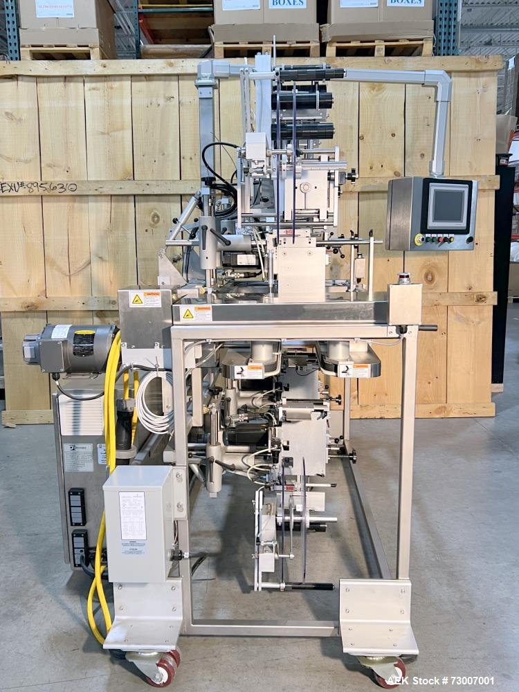 Used Accraply Model 350B-S Series Top and Bottom Labeling System. Capable of up to 120 products per minute depending on application. Special purpose labeling system developed specifically to apply to...