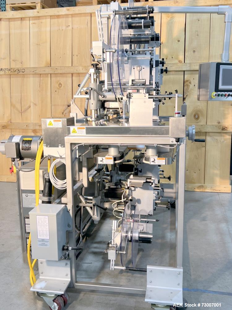 Used Accraply Model 350B-S Series Top and Bottom Labeling System. Capable of up to 120 products per minute depending on application. Special purpose labeling system developed specifically to apply to...