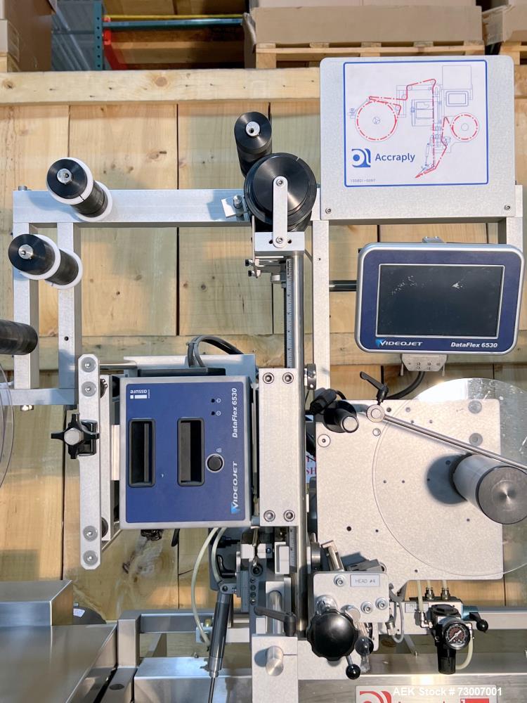 Used Accraply Model 350B-S Series Top and Bottom Labeling System. Capable of up to 120 products per minute depending on application. Special purpose labeling system developed specifically to apply to...