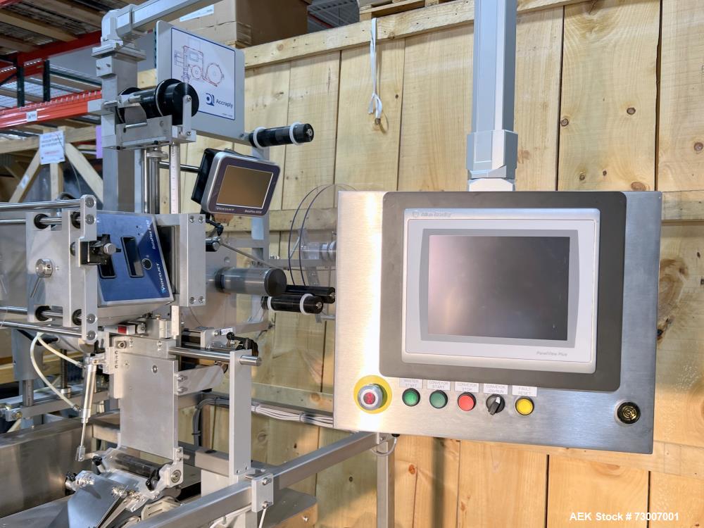Used Accraply Model 350B-S Series Top and Bottom Labeling System. Capable of up to 120 products per minute depending on application. Special purpose labeling system developed specifically to apply to...