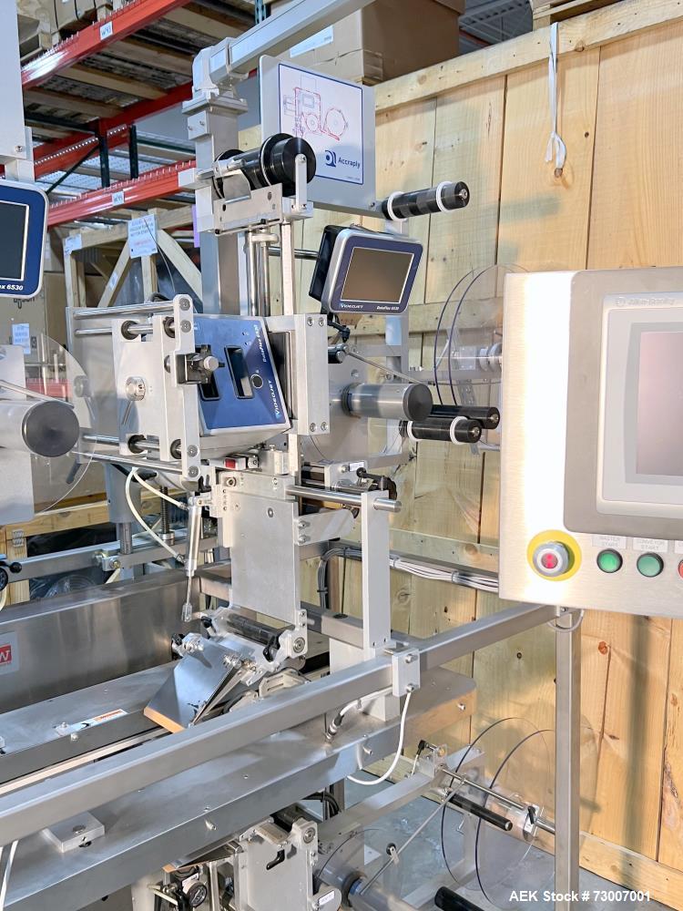 Used Accraply Model 350B-S Series Top and Bottom Labeling System. Capable of up to 120 products per minute depending on application. Special purpose labeling system developed specifically to apply to...