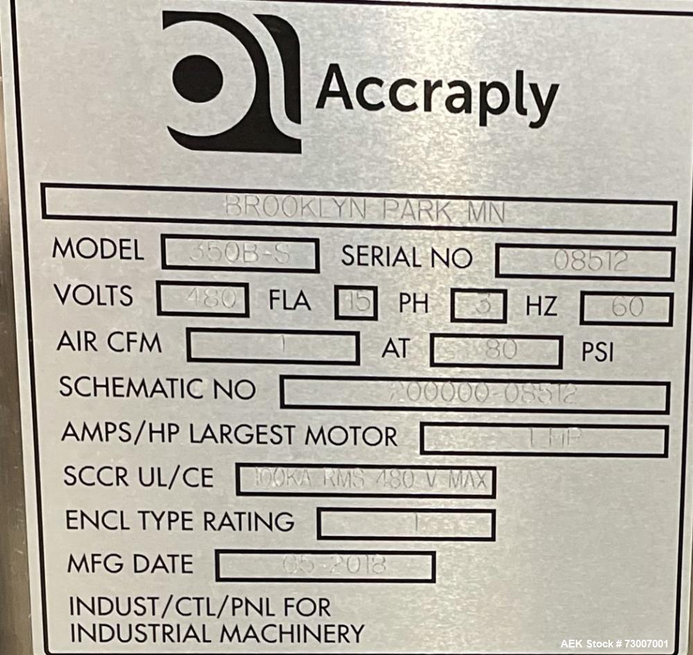 Used Accraply Model 350B-S Series Top and Bottom Labeling System. Capable of up to 120 products per minute depending on application. Special purpose labeling system developed specifically to apply to...