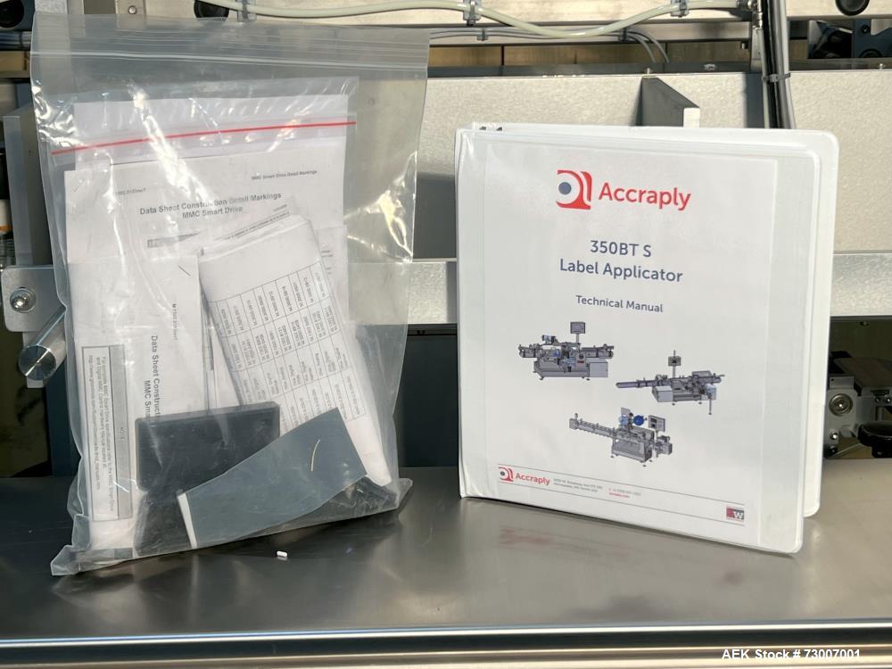 Used Accraply Model 350B-S Series Top and Bottom Labeling System. Capable of up to 120 products per minute depending on application. Special purpose labeling system developed specifically to apply to...