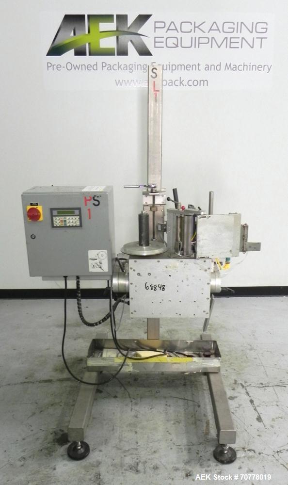 Used- Accraply Model 350 Pedestal Mounted Pressure Sensitive Labeler. Last used in cosmetic operation.