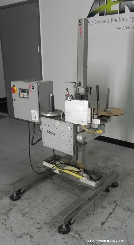 Used Accraply Model 350 Pedestal Mounted Pressure Sensitive Labeler. Last used in cosmetic operation.