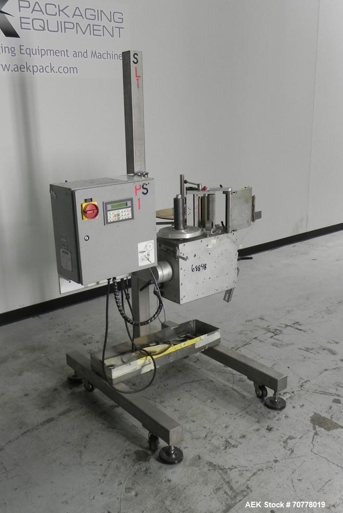 Used- Accraply Model 350 Pedestal Mounted Pressure Sensitive Labeler. Last used in cosmetic operation.