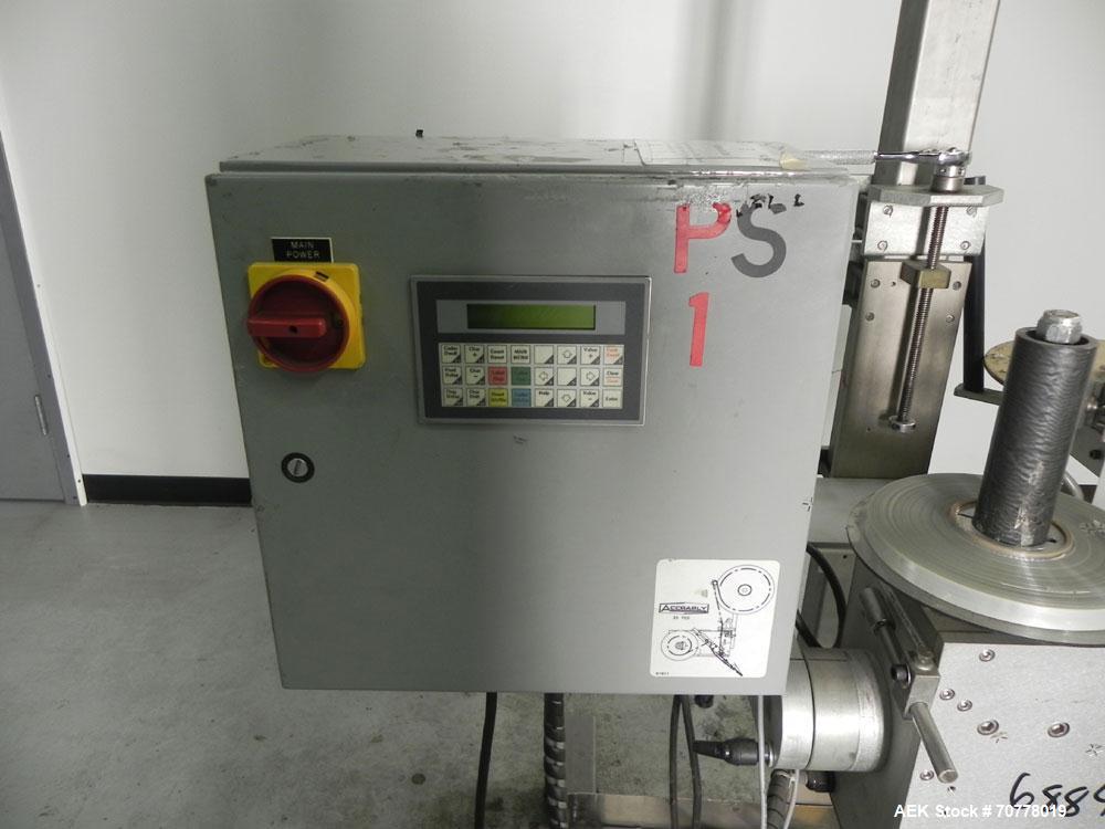 Used Accraply Model 350 Pedestal Mounted Pressure Sensitive Labeler. Last used in cosmetic operation.