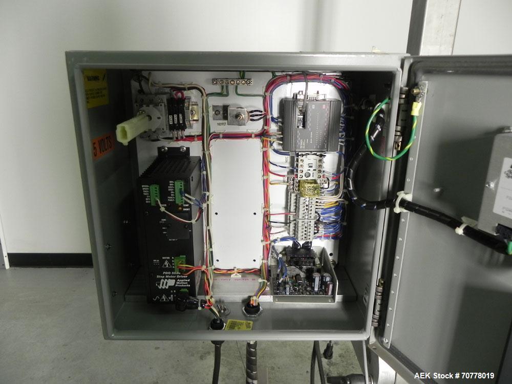Used Accraply Model 350 Pedestal Mounted Pressure Sensitive Labeler. Last used in cosmetic operation.