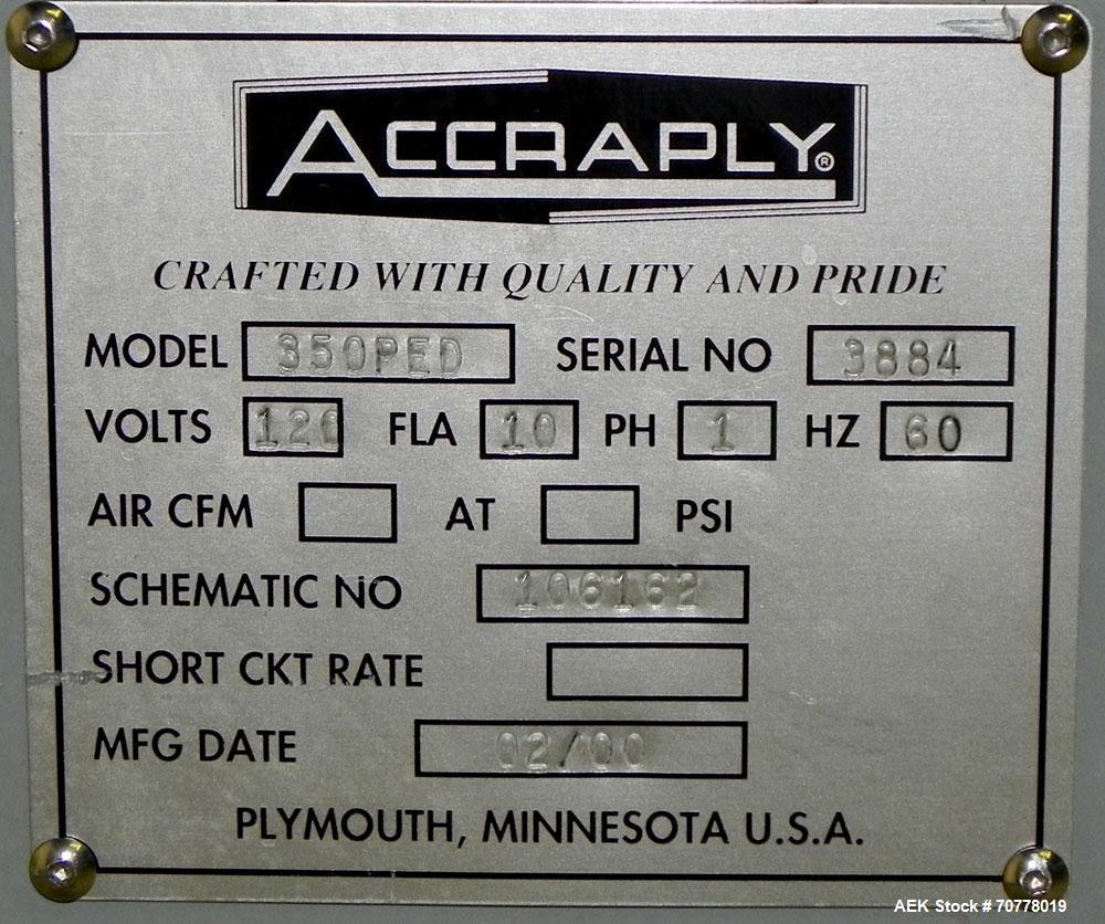 Used Accraply Model 350 Pedestal Mounted Pressure Sensitive Labeler. Last used in cosmetic operation.