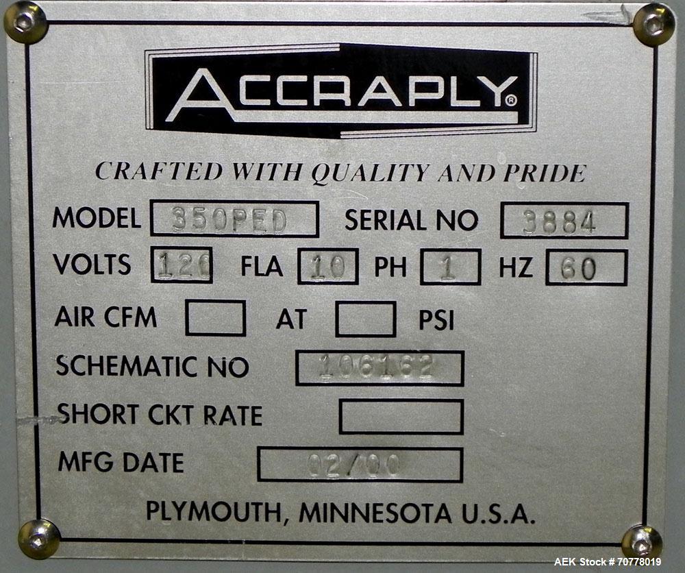 Used- Accraply Model 350 Pedestal Mounted Pressure Sensitive Labeler. Last used in cosmetic operation.