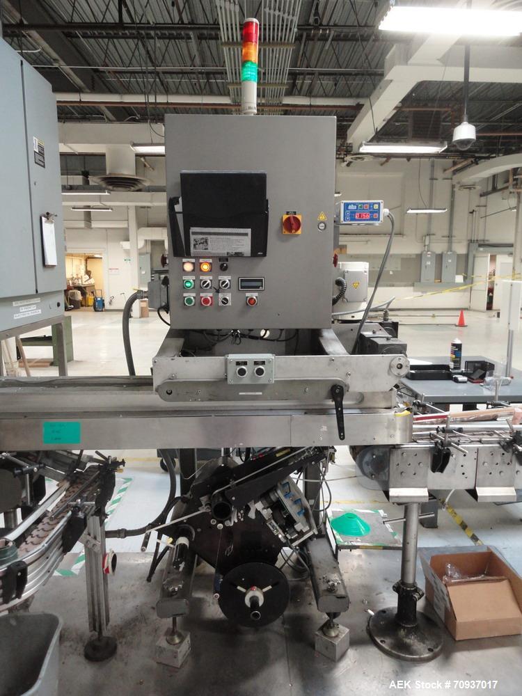 Used Accraply Bottom Pressure Sensitive Labeler, with side transfer belts and Allen hot stamp coder.