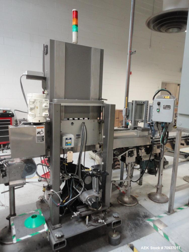 Used Accraply Bottom Pressure Sensitive Labeler, with side transfer belts and Allen hot stamp coder.