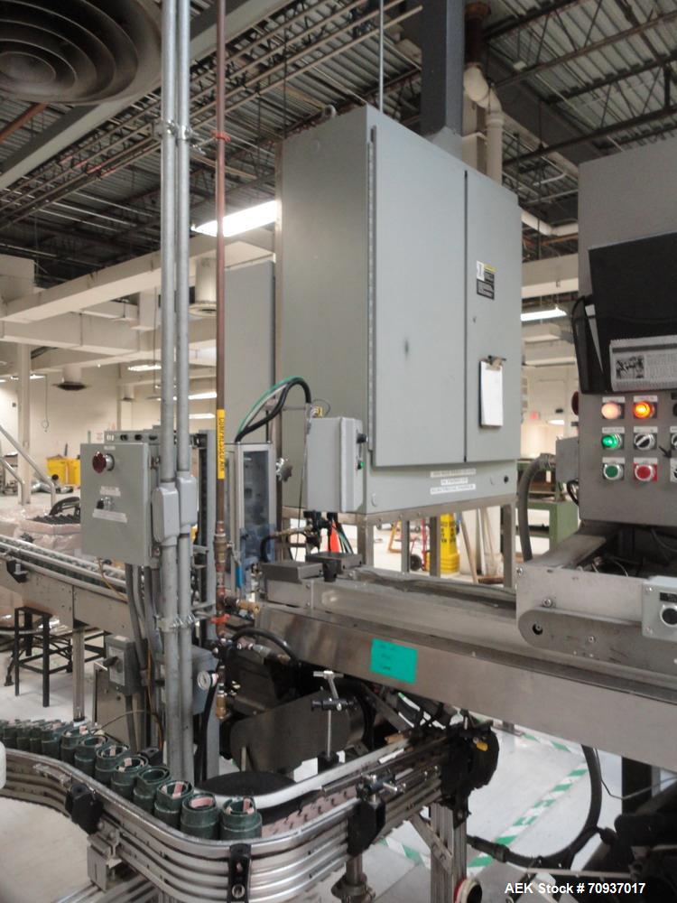 Used Accraply Bottom Pressure Sensitive Labeler, with side transfer belts and Allen hot stamp coder.