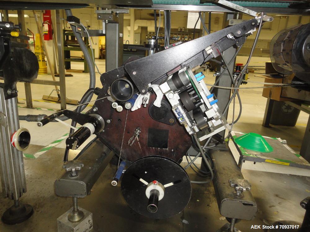 Used Accraply Bottom Pressure Sensitive Labeler, with side transfer belts and Allen hot stamp coder.