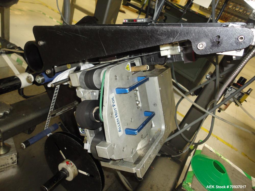 Used Accraply Bottom Pressure Sensitive Labeler, with side transfer belts and Allen hot stamp coder.