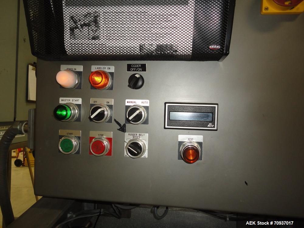 Used Accraply Bottom Pressure Sensitive Labeler, with side transfer belts and Allen hot stamp coder.