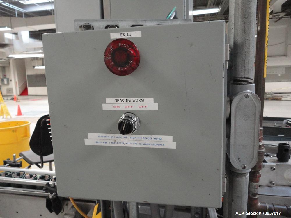 Used Accraply Bottom Pressure Sensitive Labeler, with side transfer belts and Allen hot stamp coder.