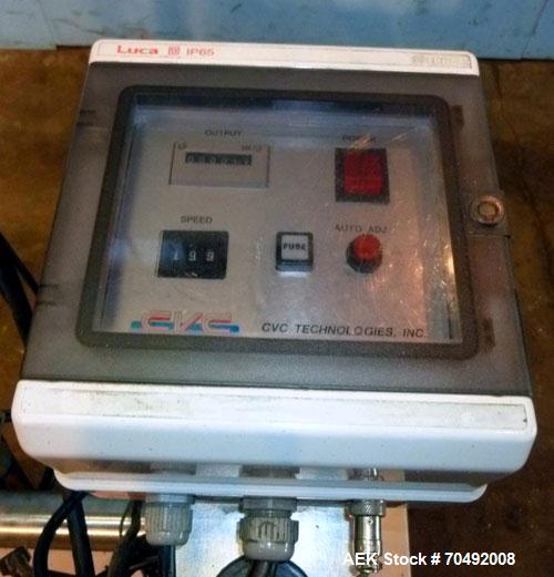 Used CVC Technologies Pressure Sensitive Wipe-On Label Applicator, Model Luca IP65. Up to 5" wide label, 14" label roll diameter with 1-1/2" core.  45"Long x 1" high rubber side carry belts.