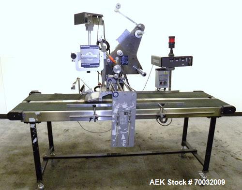 Used Harland Comet Pressure Sensitive Top Labeler, Head unit # 7809. Size range: width 10mm to 205mm, length 10mm to unlimited. Label core reel 76mm, diameter 400mm. Label web speed up to 42 meters/m...