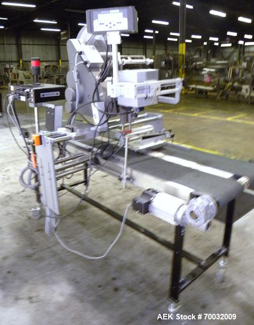 Used Harland Comet Pressure Sensitive Top Labeler, Head unit # 7809. Size range: width 10mm to 205mm, length 10mm to unlimited. Label core reel 76mm, diameter 400mm. Label web speed up to 42 meters/m...