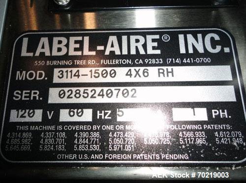 Used Label-Aire model 3114 tamp blow label applicator capable of speeds up to 1500" per minute. Accuracies of +/- 1/32". Label size range up to 4" x 6". Right Hand unit.