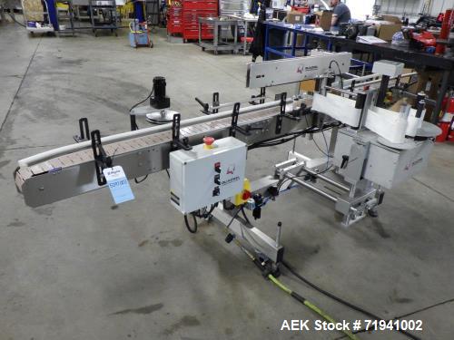Used Quadrel Model Moduline 3-Panel, Quadrel Q55 L.H. Labeling Head. Adjustable height. 7.5 in. tall plate, currently set up to run 4 in. tall labels, pneumatic flaps for labels. Plastic table-top ch...
