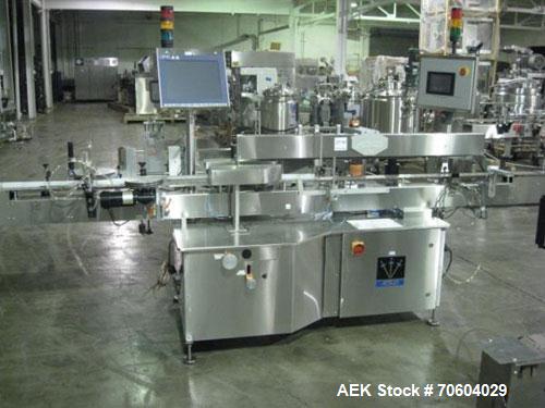 Used One (1) used Aesus wrap around labeler, model Premier Panel 362P, Herma label head, vision system, side bump belts, top hold down belt, reject and controls, 1/60/208 volt,