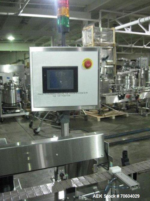 Used One (1) used Aesus wrap around labeler, model Premier Panel 362P, Herma label head, vision system, side bump belts, top hold down belt, reject and controls, 1/60/208 volt,