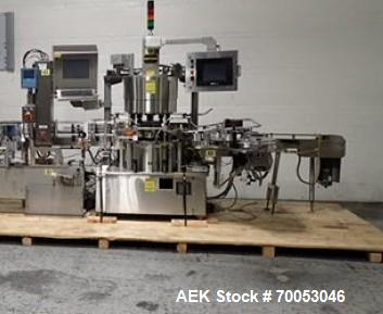 Used Used Sancoa rotary labeler. model# PRL 1500R-S10, 10 station, right hand label head, dual label unwind stand, Industrial Dynamic Lastec laser coder with vision system, onboard side serter head, ...