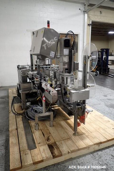 Used Used Sancoa rotary labeler. model# PRL 1500R-S10, 10 station, right hand label head, dual label unwind stand, Industrial Dynamic Lastec laser coder with vision system, onboard side serter head, ...