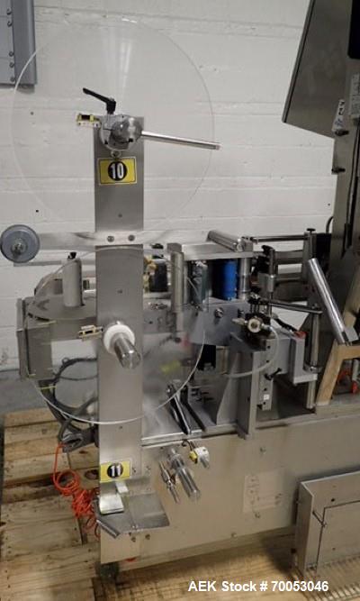 Used Used Sancoa rotary labeler. model# PRL 1500R-S10, 10 station, right hand label head, dual label unwind stand, Industrial Dynamic Lastec laser coder with vision system, onboard side serter head, ...