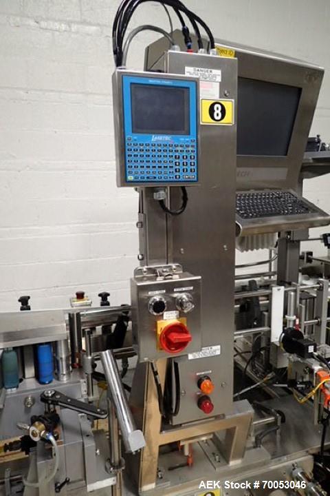 Used Used Sancoa rotary labeler. model# PRL 1500R-S10, 10 station, right hand label head, dual label unwind stand, Industrial Dynamic Lastec laser coder with vision system, onboard side serter head, ...