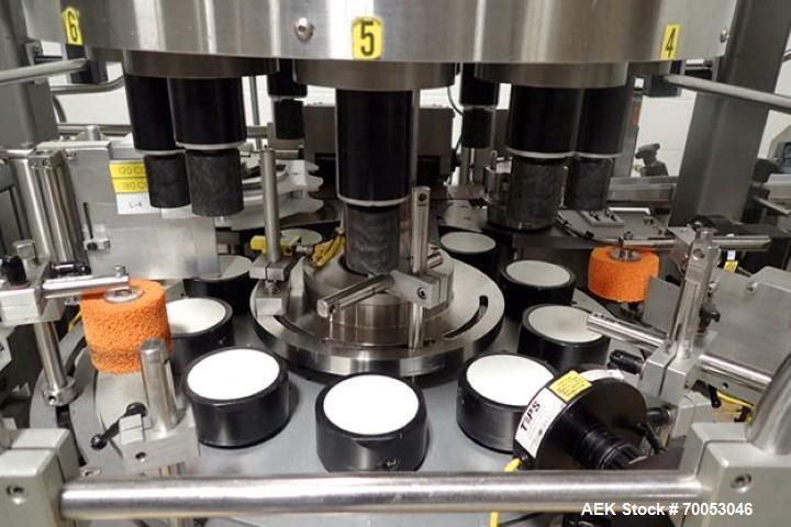 Used Used Sancoa rotary labeler. model# PRL 1500R-S10, 10 station, right hand label head, dual label unwind stand, Industrial Dynamic Lastec laser coder with vision system, onboard side serter head, ...