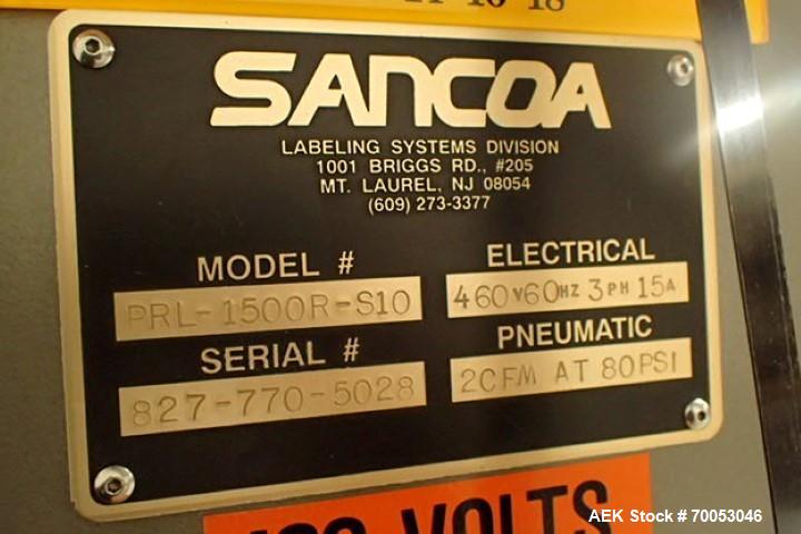 Used Used Sancoa rotary labeler. model# PRL 1500R-S10, 10 station, right hand label head, dual label unwind stand, Industrial Dynamic Lastec laser coder with vision system, onboard side serter head, ...
