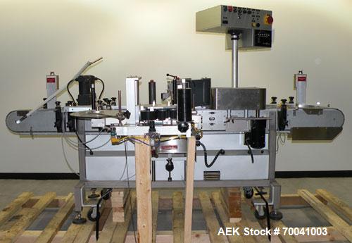 Used Accraply Inline Automatic Wrap Around Pressure Sensitive Labeler, Model 35W. Product Size Range: diameter 3/4" to 8", height 3/4" to 16". Label Size Range: width) 1/2" to 6", length 2" to 12". M...