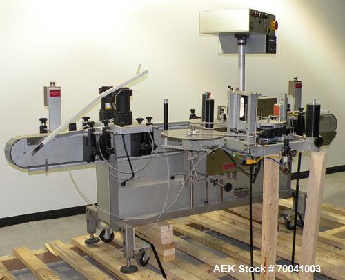 Used Accraply Inline Automatic Wrap Around Pressure Sensitive Labeler, Model 35W. Product Size Range: diameter 3/4" to 8", height 3/4" to 16". Label Size Range: width) 1/2" to 6", length 2" to 12". M...