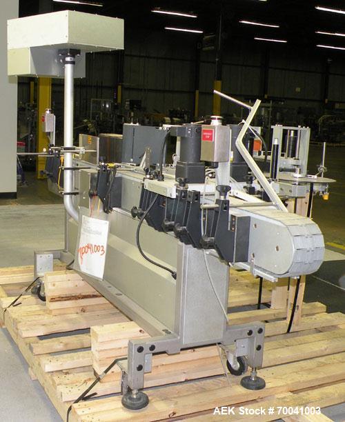 Used Accraply Inline Automatic Wrap Around Pressure Sensitive Labeler, Model 35W. Product Size Range: diameter 3/4" to 8", height 3/4" to 16". Label Size Range: width) 1/2" to 6", length 2" to 12". M...