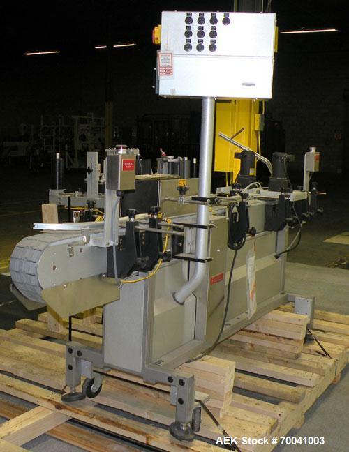 Used Accraply Inline Automatic Wrap Around Pressure Sensitive Labeler, Model 35W. Product Size Range: diameter 3/4" to 8", height 3/4" to 16". Label Size Range: width) 1/2" to 6", length 2" to 12". M...
