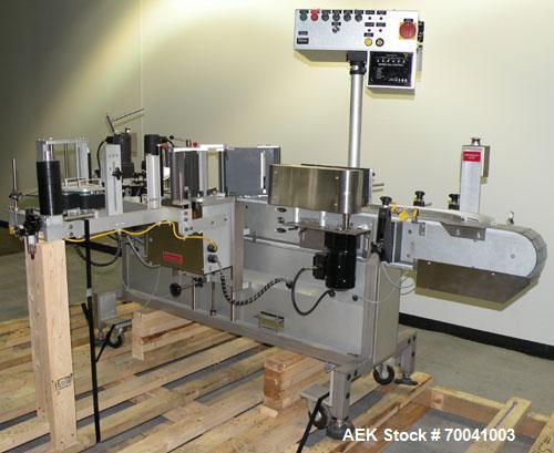 Used Accraply Inline Automatic Wrap Around Pressure Sensitive Labeler, Model 35W. Product Size Range: diameter 3/4" to 8", height 3/4" to 16". Label Size Range: width) 1/2" to 6", length 2" to 12". M...