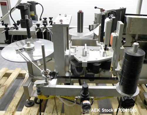 Used Accraply Inline Automatic Wrap Around Pressure Sensitive Labeler, Model 35W. Product Size Range: diameter 3/4" to 8", height 3/4" to 16". Label Size Range: width) 1/2" to 6", length 2" to 12". M...