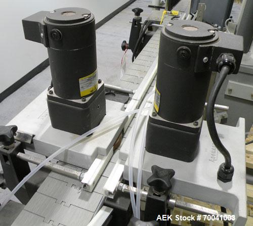 Used Accraply Inline Automatic Wrap Around Pressure Sensitive Labeler, Model 35W. Product Size Range: diameter 3/4" to 8", height 3/4" to 16". Label Size Range: width) 1/2" to 6", length 2" to 12". M...