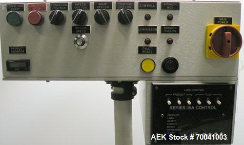 Used Accraply Inline Automatic Wrap Around Pressure Sensitive Labeler, Model 35W. Product Size Range: diameter 3/4" to 8", height 3/4" to 16". Label Size Range: width) 1/2" to 6", length 2" to 12". M...