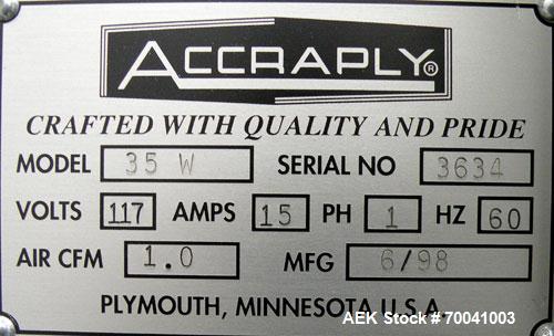 Used Accraply Inline Automatic Wrap Around Pressure Sensitive Labeler, Model 35W. Product Size Range: diameter 3/4" to 8", height 3/4" to 16". Label Size Range: width) 1/2" to 6", length 2" to 12". M...