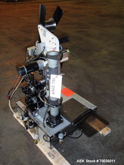 Used Avery 6101 Pressure Sensitive Spot or Wraparound Labeler, Model 6101-3-RH. Bench or tabletop labeler design, has hot stamp date coder, star wheel bottle indexing and 4" label web. Serial #402153...