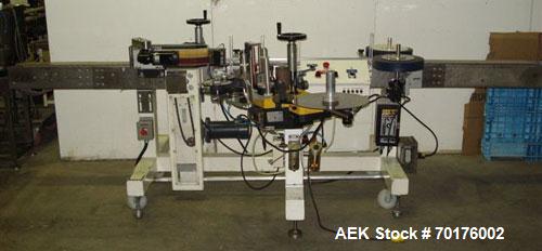 Used CCL Collomat Wrap Around Pressure Sensitive Labeler, model 6600. Can handle a label up to 6.75" high, currently set to run 3.25" high labels. 136.5" long x 4.5" wide conveyor, table top chain be...
