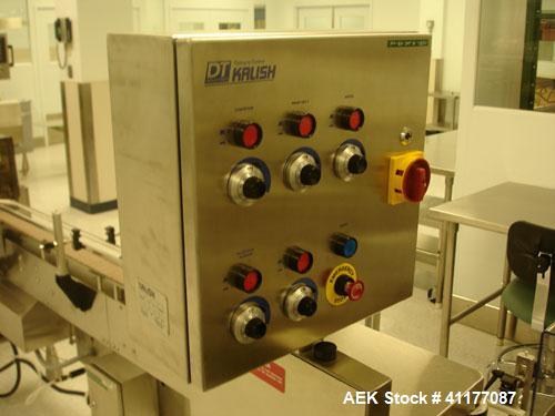 Used Kalish Labelstar Wraparound Pressure Sensitve Labeler, Model LS4000. Capable of speeds up to 150 cpm. Unit has Acuity PMC80 vision system, open date hot stamp coder bump wheel indexing, top hold...