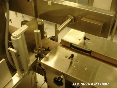 Used Kalish Labelstar Wraparound Pressure Sensitve Labeler, Model LS4000. Capable of speeds up to 150 cpm. Unit has Acuity PMC80 vision system, open date hot stamp coder bump wheel indexing, top hold...