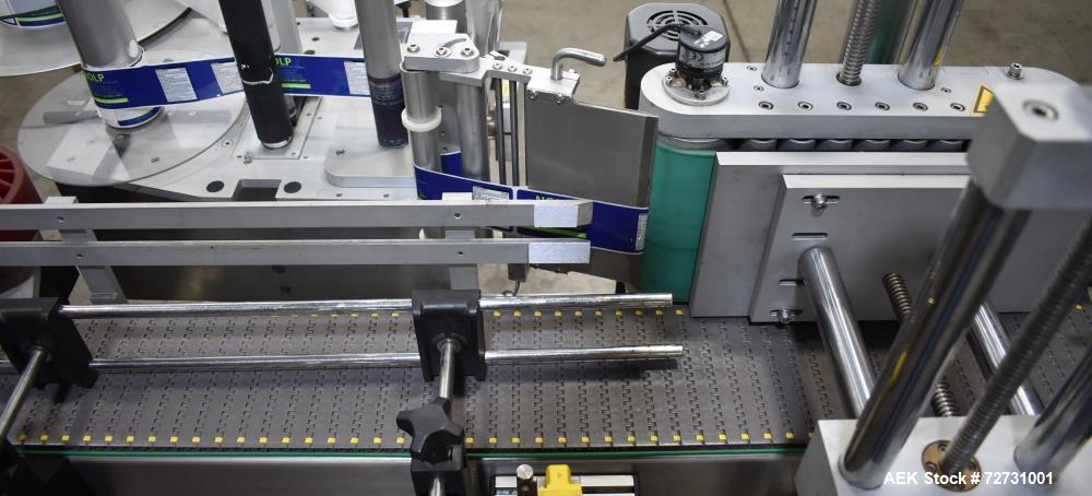 Used Label-Aire 5100 Automatic Wraparound Pressure Sensitive Labeler, Model 5100 6.0" X 8FT 3115. Capable of dispensing up to 1200" per minute. Web width .63" to 7.13". Has a 7"H x 12"L wrap belt. 7"...