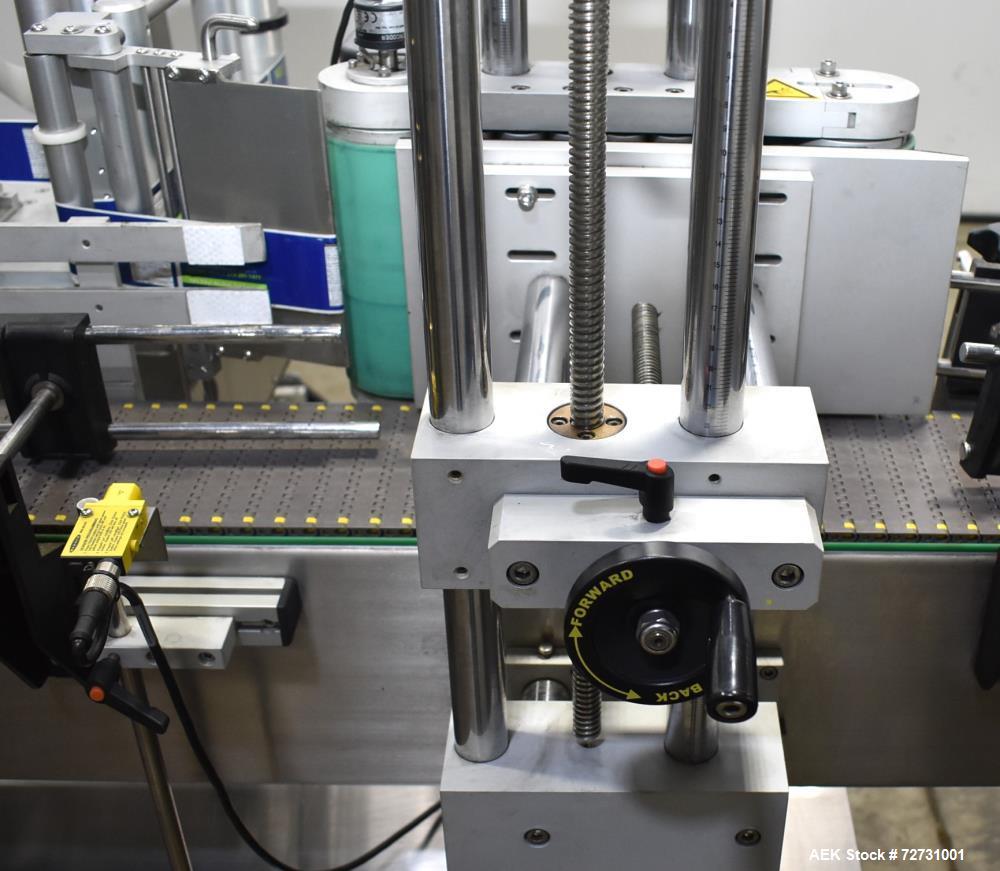 Used Label-Aire 5100 Automatic Wraparound Pressure Sensitive Labeler, Model 5100 6.0" X 8FT 3115. Capable of dispensing up to 1200" per minute. Web width .63" to 7.13". Has a 7"H x 12"L wrap belt. 7"...